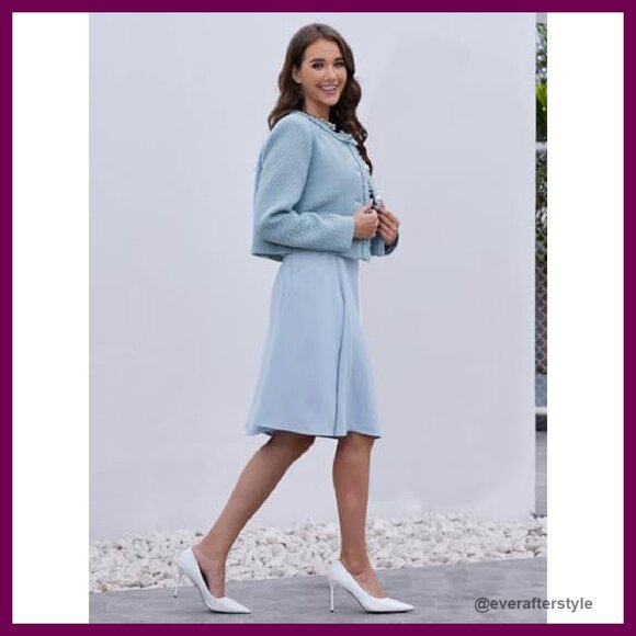 Tweed Cropped Blazer Collarless Elegant Chic Casual Cardigan Jacket - Picture 5 of 8